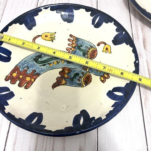 Vintage Boho Mexican Talavera Plates- Hand Painted Bird & Fish Folk Art Set of 2 - Picture 10 of 11
